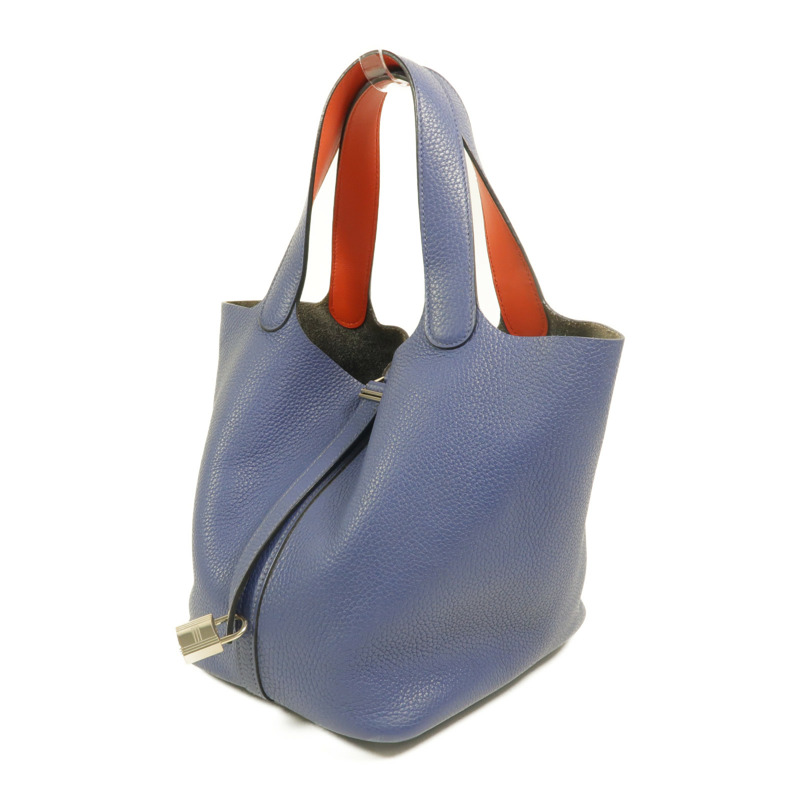 HERMES Clemence皮革Picotin MM手挽袋Bleu Brighton/Capucine-2