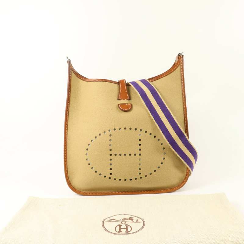HERMES Felt/Barenia皮革Evelyne PM肩背袋Fauve/Iris-8