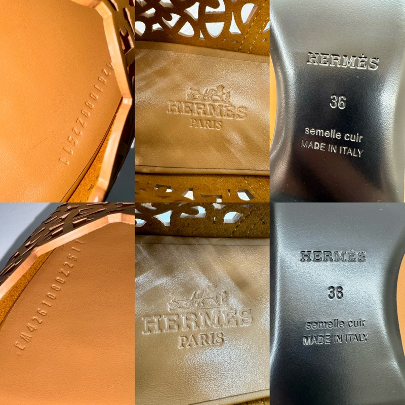 Hermès Meli 系列 經典 豬鼻子鏤空芭蕾鞋/ 羅馬涼鞋 (棕色/金棕色 #36號)-5