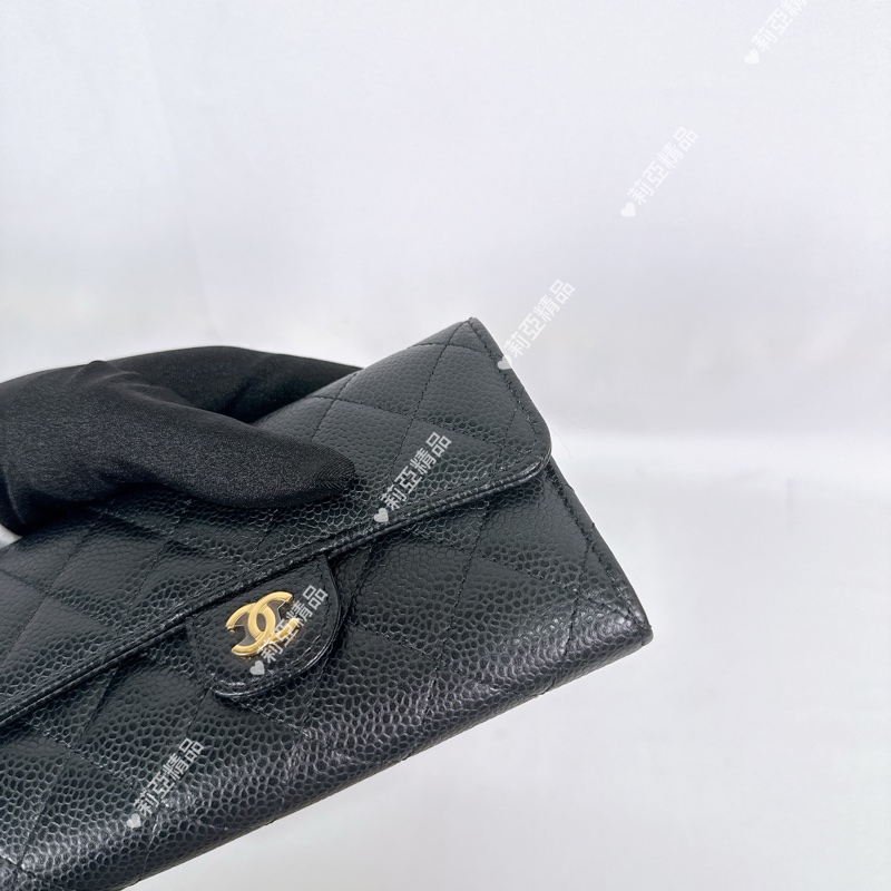 莉亞精品♡ Chanel荔枝皮黑金中夾 二手美包-7