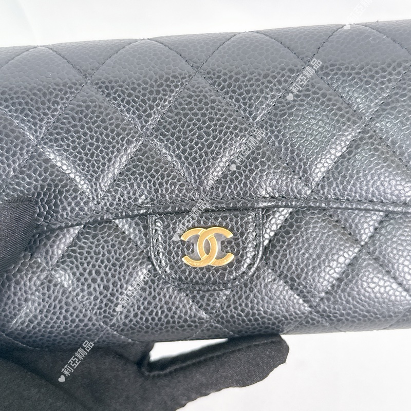 莉亞精品♡ Chanel荔枝皮黑金中夾 二手美包-17