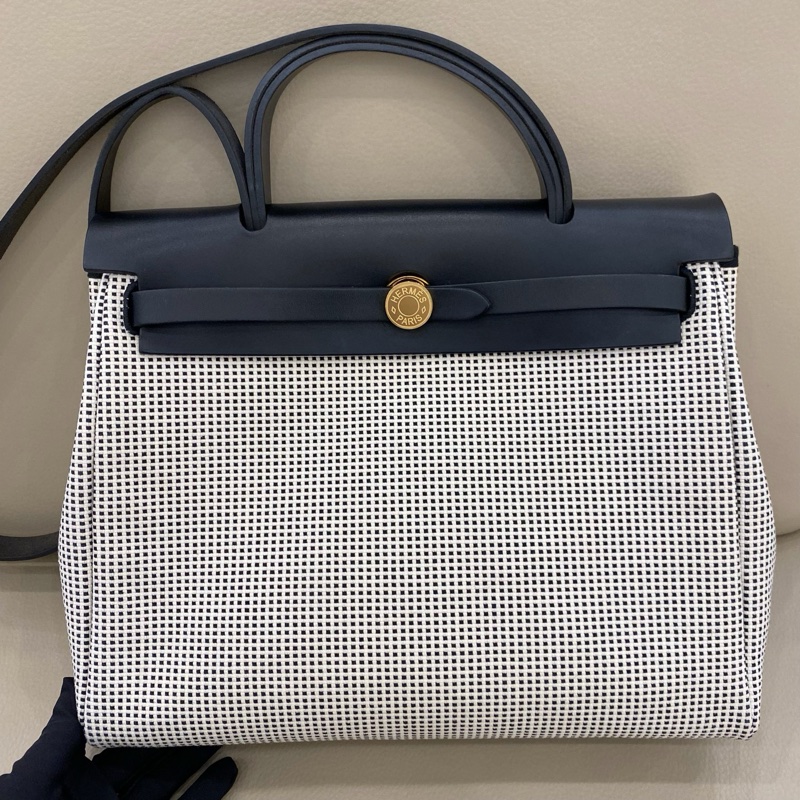 99新✨Hermes愛馬仕 herbag31 熊貓 黑白編織帆布拼皮 手提包斜挎包 金扣 u刻 ❤️正品-1