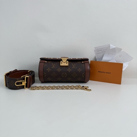 99新✨LV路易威登/Louis Vuitton Papillon Trunk 棕色老花巴比龍 單肩包斜挎包手提包圓筒包 金扣 底長20cm🤎正品