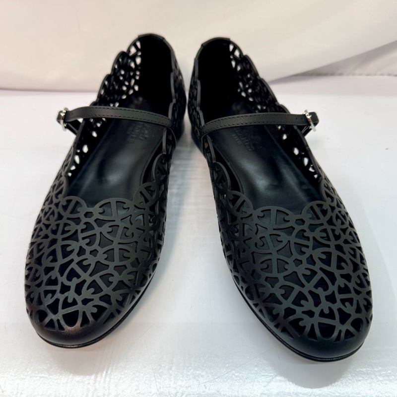 Hermès Meli 系列 經典 豬鼻子鏤空芭蕾平底涼鞋 / 羅馬鞋 黑色-0