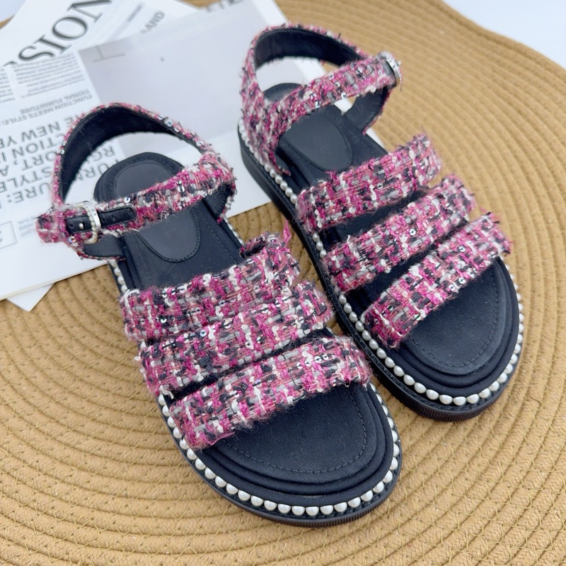 99新/香奈兒/35碼/粉色粗花妮珍珠涼鞋-0