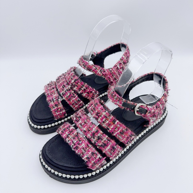 99新/香奈兒/35碼/粉色粗花妮珍珠涼鞋-2