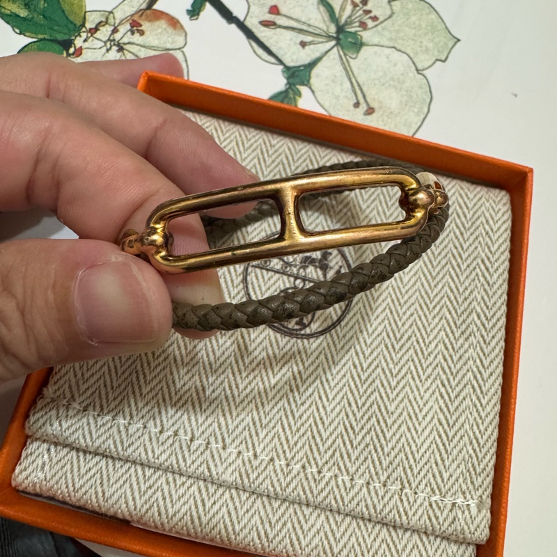 hermes豬鼻子編織雙層手鍊大象灰金色-0