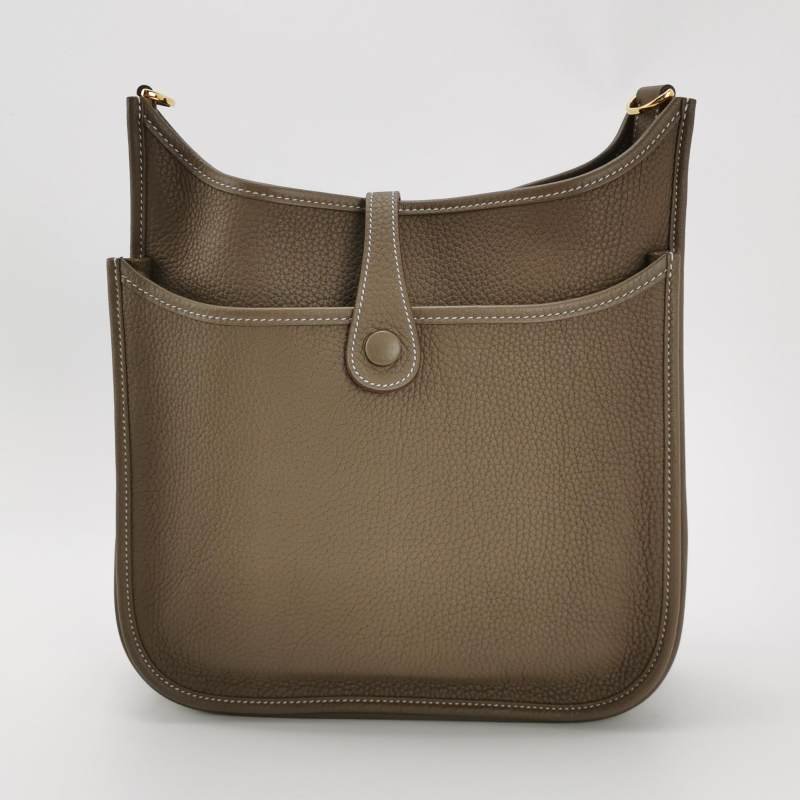 Hermes Evelyne29鏤空肩背包Clemence(TC)牛皮金扣18etoupe大象灰Y刻-3