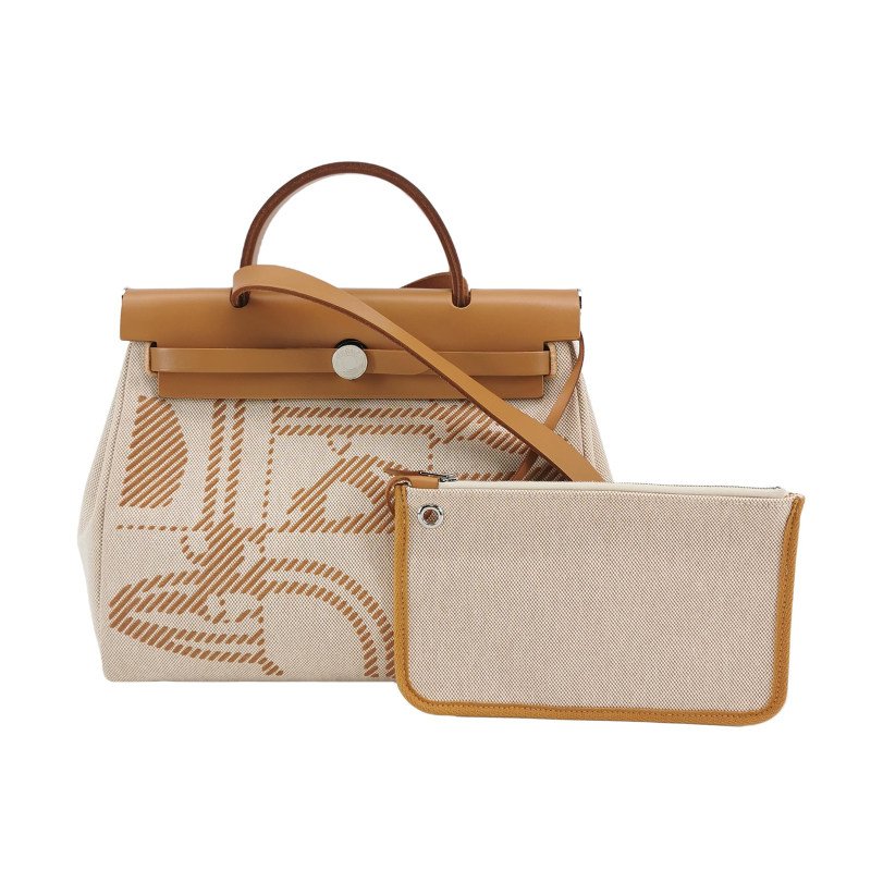 Hermes Herbag31狂躁的新娘馬鞍釘鎖扣單肩包帆布Hunter牛皮銀扣棕色淺米色Z刻-0