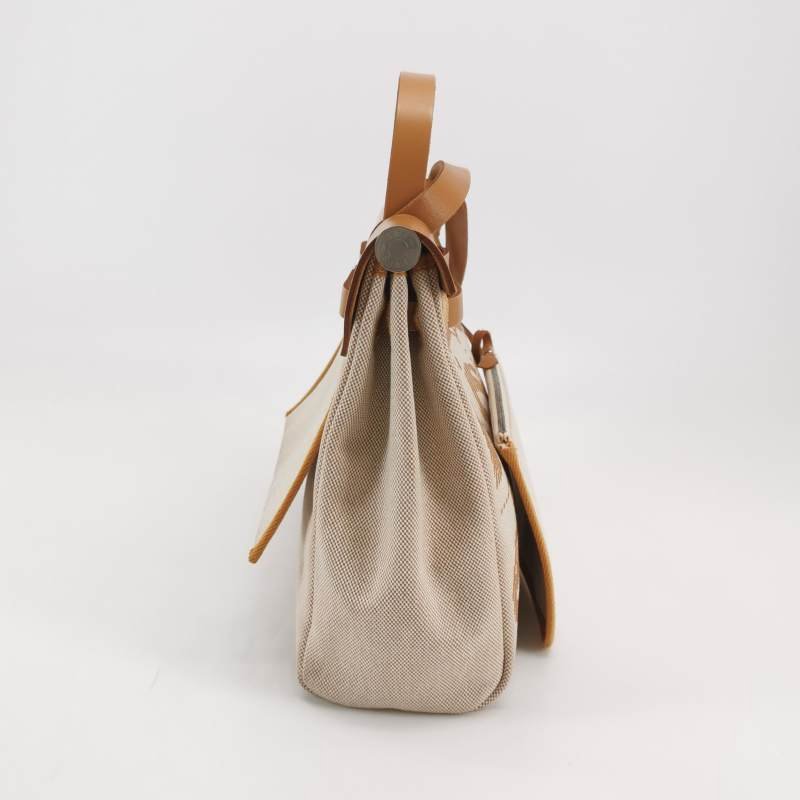 Hermes Herbag31狂躁的新娘馬鞍釘鎖扣單肩包帆布Hunter牛皮銀扣棕色淺米色Z刻-3