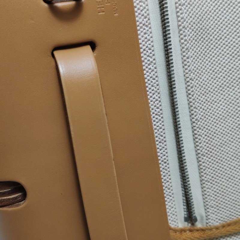 Hermes Herbag31狂躁的新娘馬鞍釘鎖扣單肩包帆布Hunter牛皮銀扣棕色淺米色Z刻-16