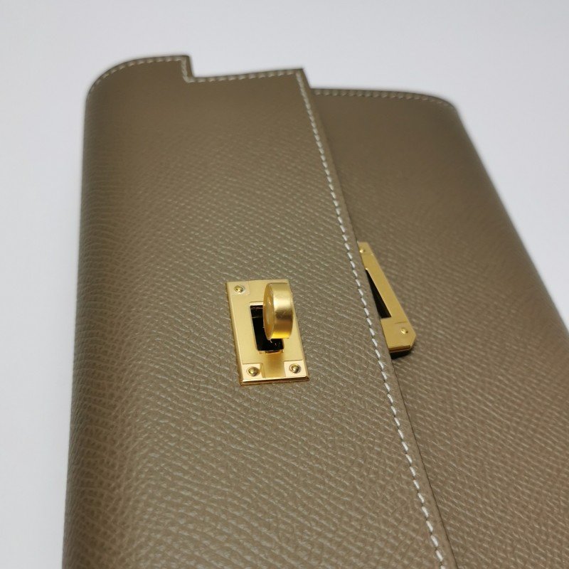 Hermes Kelly凱莉包大純色旋扣皮夾Epsom牛皮金扣18etoupe大象灰C刻-10