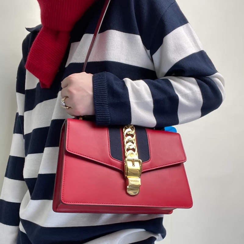 GUCCI古馳Sylvie紅色賽爾維亞全皮中號👹㊗️-7