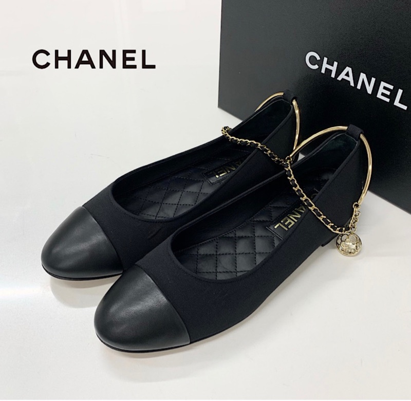 香奈兒 (CHANEL) 36C 碼 芭蕾舞鞋 帆布/皮革 黑色 淺金色五金-0