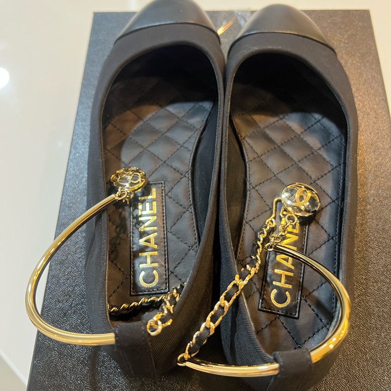 香奈兒 (CHANEL) 36C 碼 芭蕾舞鞋 帆布/皮革 黑色 淺金色五金-4