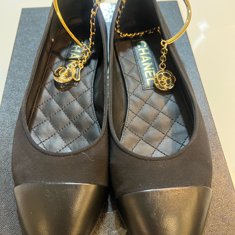 香奈兒 (CHANEL) 36C 碼 芭蕾舞鞋 帆布/皮革 黑色 淺金色五金-5