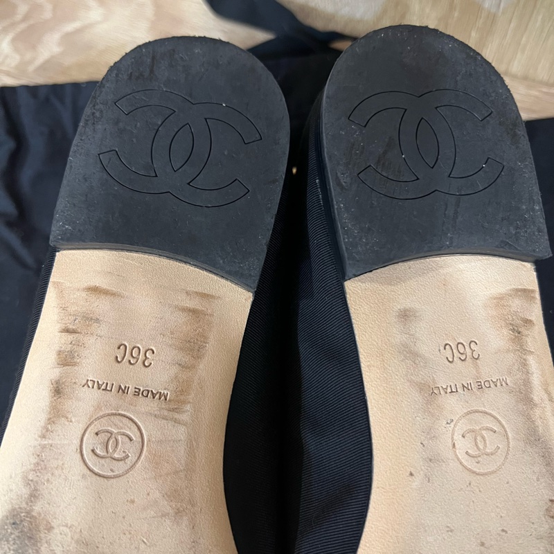 香奈兒 (CHANEL) 36C 碼 芭蕾舞鞋 帆布/皮革 黑色 淺金色五金-18