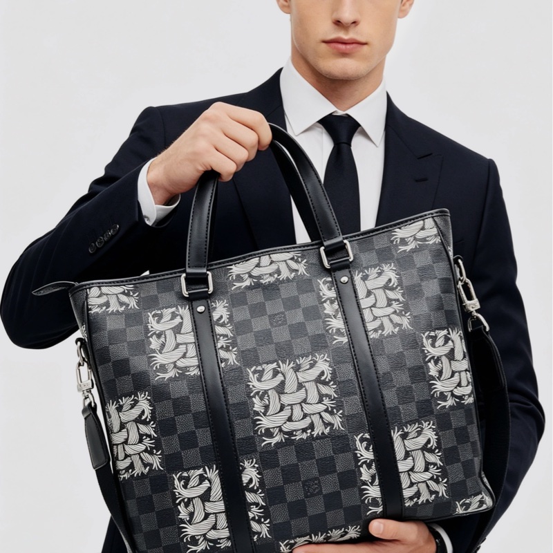 LV 黑色棋盤格藤結伊勢丹紀念幣托特包單肩包手提包公文包-0