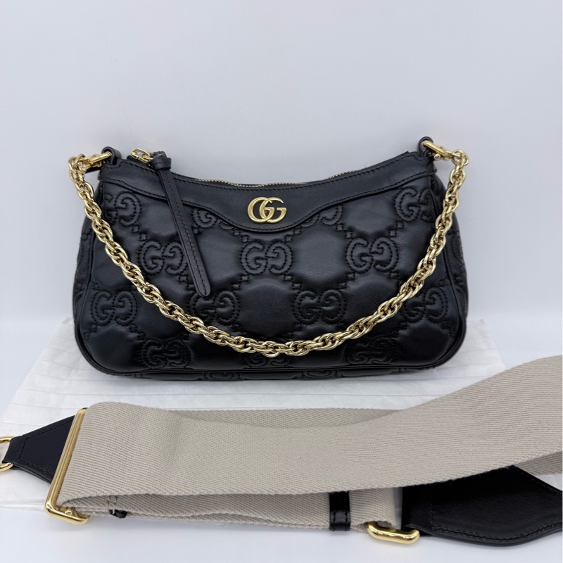 Gucci/古馳 Matelassé  黑色全皮浮雕麻將包腋下包單肩斜挎包，原始成色，成色如圖，黑標-0