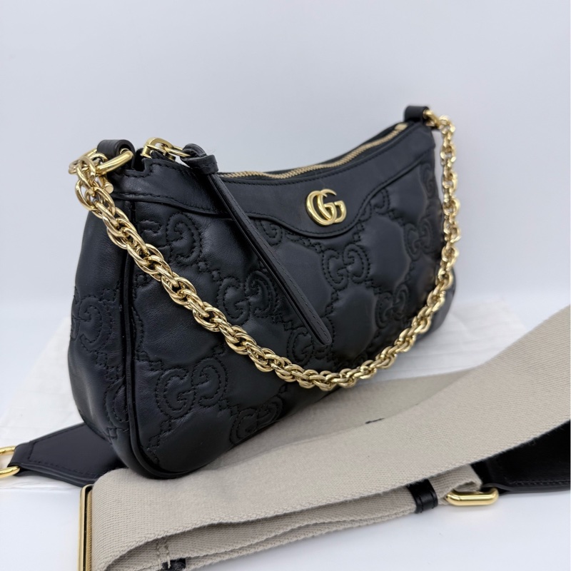 Gucci/古馳 Matelassé  黑色全皮浮雕麻將包腋下包單肩斜挎包，原始成色，成色如圖，黑標-1