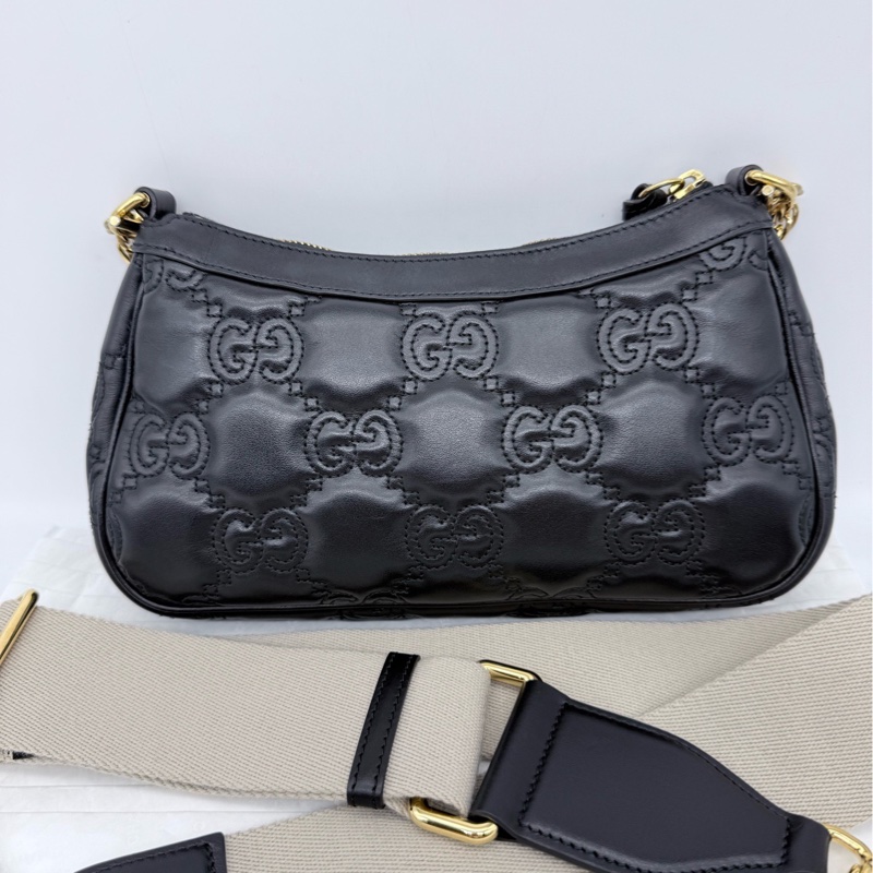 Gucci/古馳 Matelassé  黑色全皮浮雕麻將包腋下包單肩斜挎包，原始成色，成色如圖，黑標-2