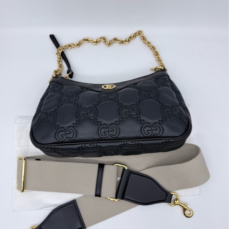 Gucci/古馳 Matelassé  黑色全皮浮雕麻將包腋下包單肩斜挎包，原始成色，成色如圖，黑標-3