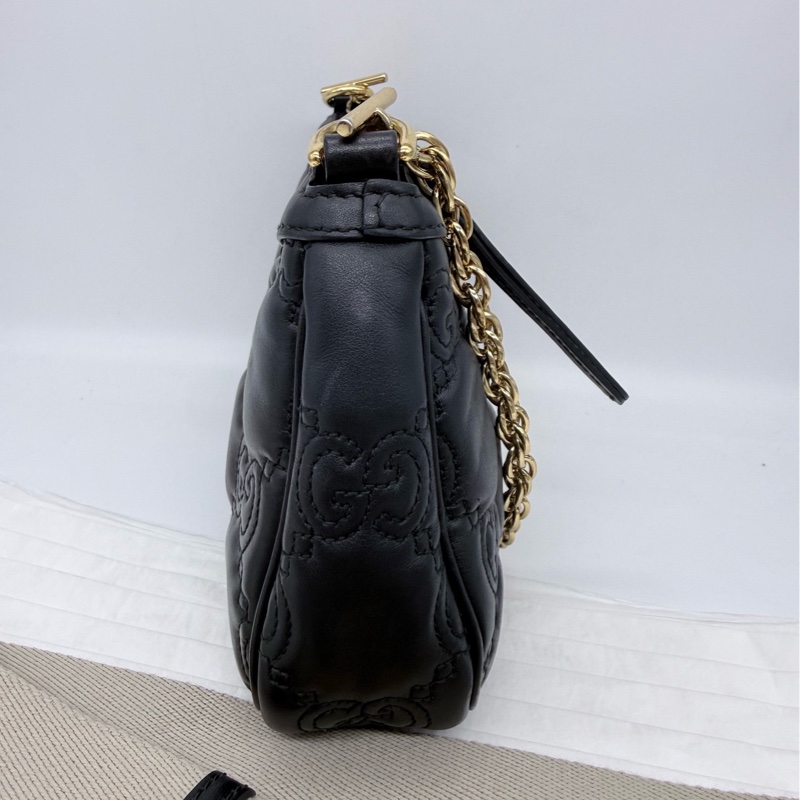 Gucci/古馳 Matelassé  黑色全皮浮雕麻將包腋下包單肩斜挎包，原始成色，成色如圖，黑標-4