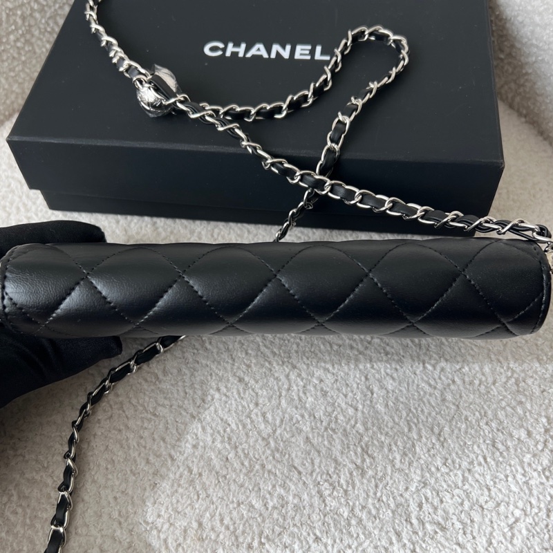 Chanel香奈兒黑銀長款錢包 經典菱格紋 羊皮材質-2