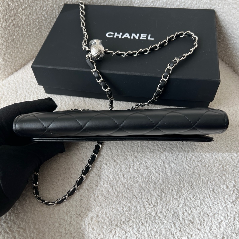 Chanel香奈兒黑銀長款錢包 經典菱格紋 羊皮材質-3