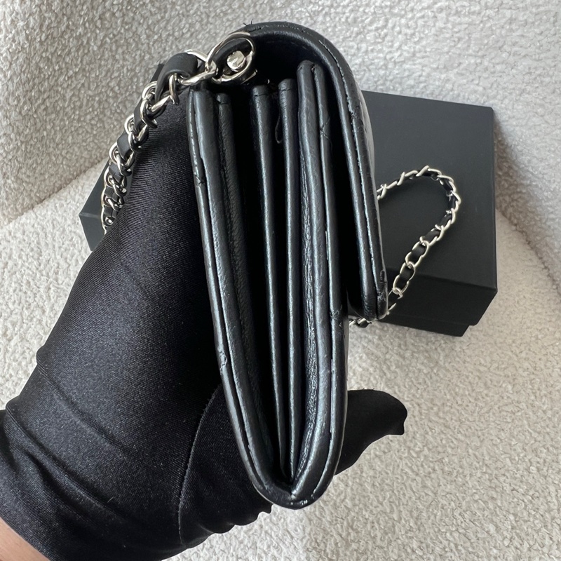 Chanel香奈兒黑銀長款錢包 經典菱格紋 羊皮材質-4