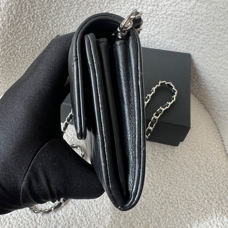 Chanel香奈兒黑銀長款錢包 經典菱格紋 羊皮材質-5