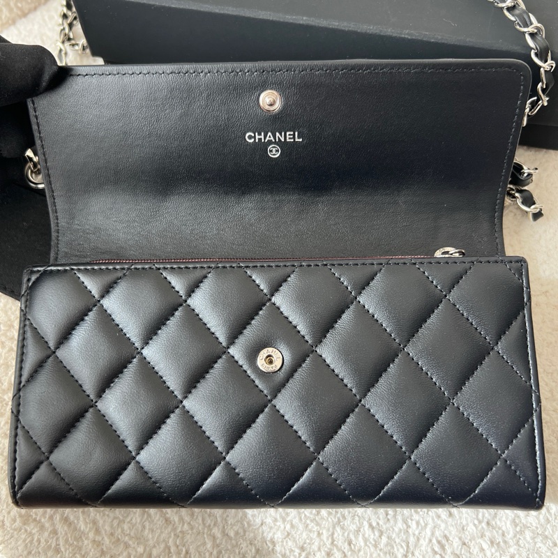 Chanel香奈兒黑銀長款錢包 經典菱格紋 羊皮材質-6