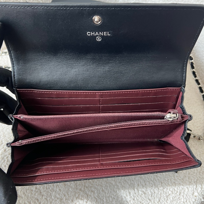 Chanel香奈兒黑銀長款錢包 經典菱格紋 羊皮材質-7