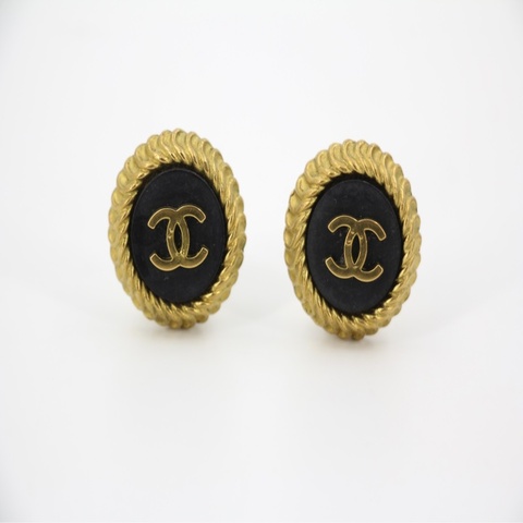 Chanel Vintage 95P 樹脂春夏黑金CC圓形波浪紋耳環