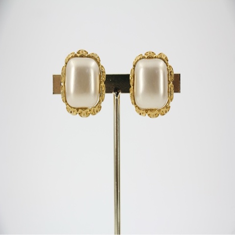Chanel Vintage 91 仿珍珠正方形鍍金耳環