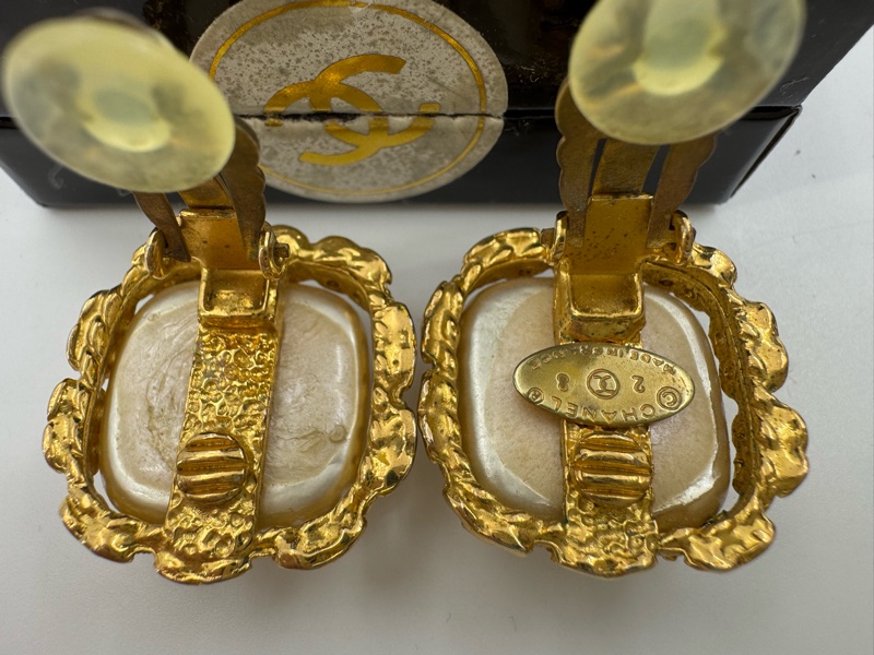Chanel Vintage 91 仿珍珠正方形鍍金耳環-13