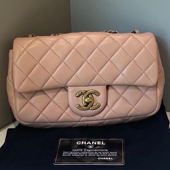 Chanel 香奈兒 櫻花粉色金扣14K羊皮季節款cf鏈條包20*12*5-0