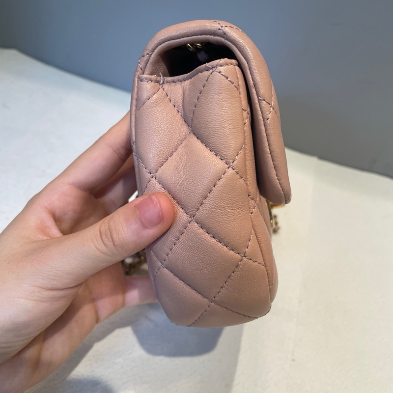 Chanel 香奈兒 櫻花粉色金扣14K羊皮季節款cf鏈條包20*12*5-6