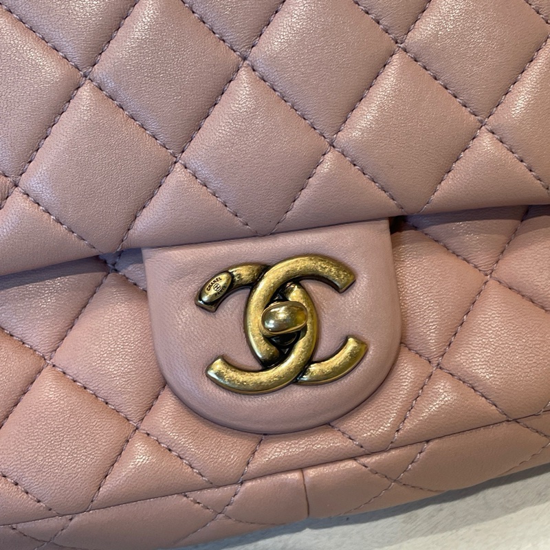 Chanel 香奈兒 櫻花粉色金扣14K羊皮季節款cf鏈條包20*12*5-12