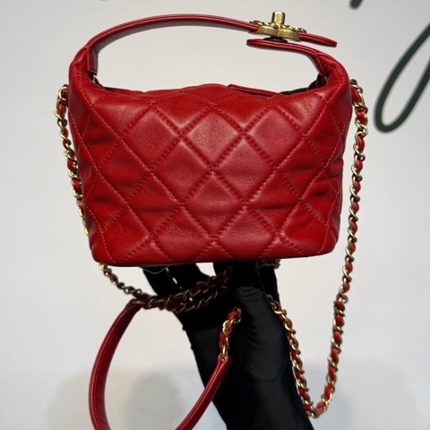 CHANEL 香奈兒 19bag Hobo 飯盒鏈條包 紅色菱格紋金扣羊皮