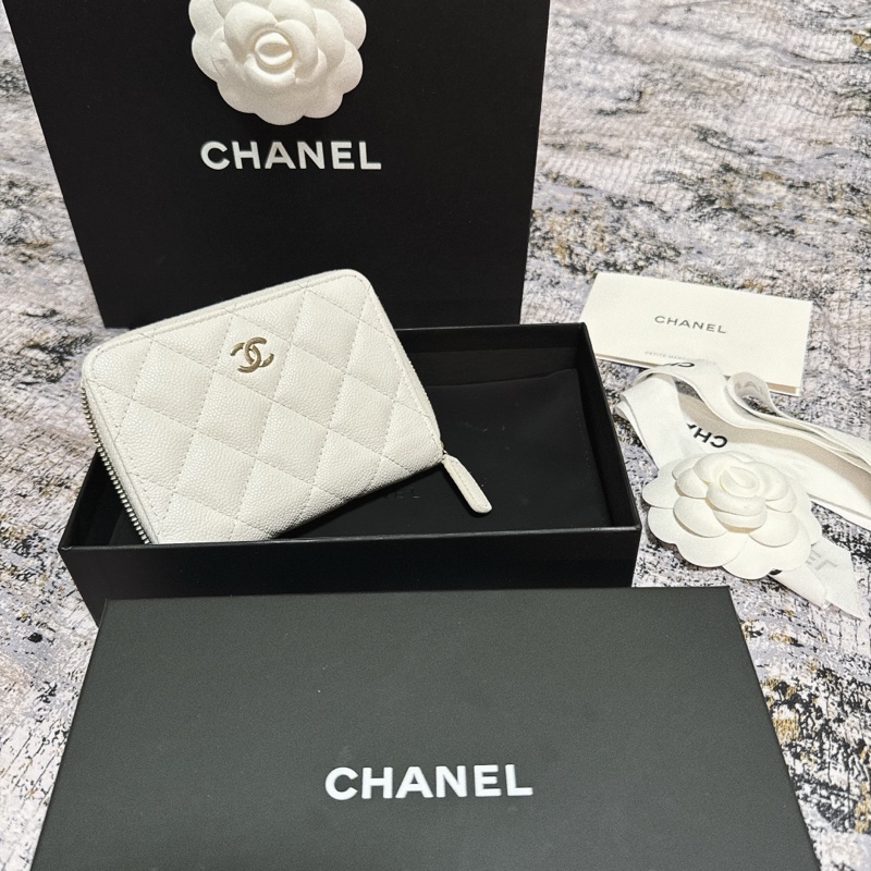CHANEL香奈兒荔枝皮薄短夾 奶白香檳金扣 Chanel對開拉鍊短夾 薄款 chanel皮夾 短夾 香奈兒小皮件 小香錢包-0