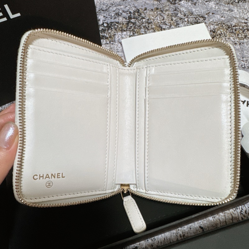 CHANEL香奈兒荔枝皮薄短夾 奶白香檳金扣 Chanel對開拉鍊短夾 薄款 chanel皮夾 短夾 香奈兒小皮件 小香錢包-3