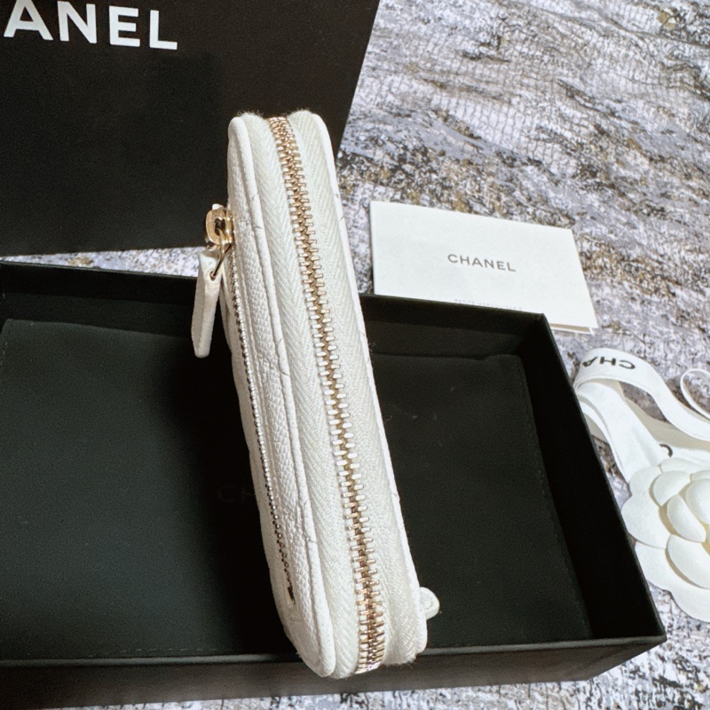 CHANEL香奈兒荔枝皮薄短夾 奶白香檳金扣 Chanel對開拉鍊短夾 薄款 chanel皮夾 短夾 香奈兒小皮件 小香錢包-7