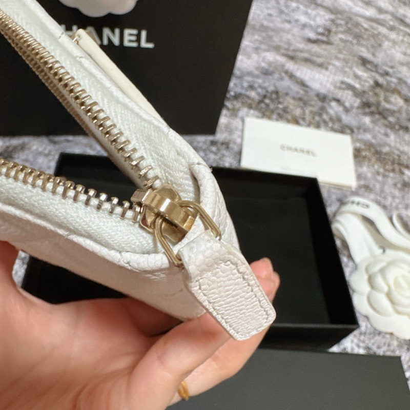 CHANEL香奈兒荔枝皮薄短夾 奶白香檳金扣 Chanel對開拉鍊短夾 薄款 chanel皮夾 短夾 香奈兒小皮件 小香錢包-10