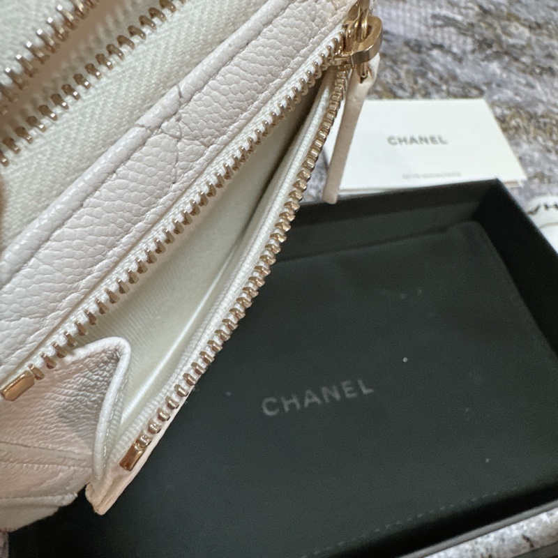 CHANEL香奈兒荔枝皮薄短夾 奶白香檳金扣 Chanel對開拉鍊短夾 薄款 chanel皮夾 短夾 香奈兒小皮件 小香錢包-13