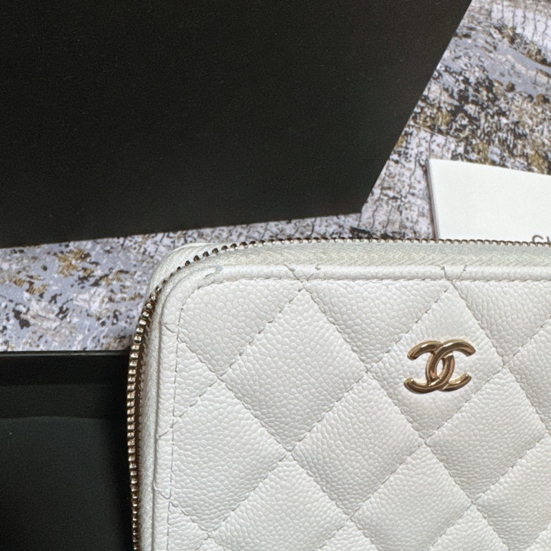 CHANEL香奈兒荔枝皮薄短夾 奶白香檳金扣 Chanel對開拉鍊短夾 薄款 chanel皮夾 短夾 香奈兒小皮件 小香錢包-16