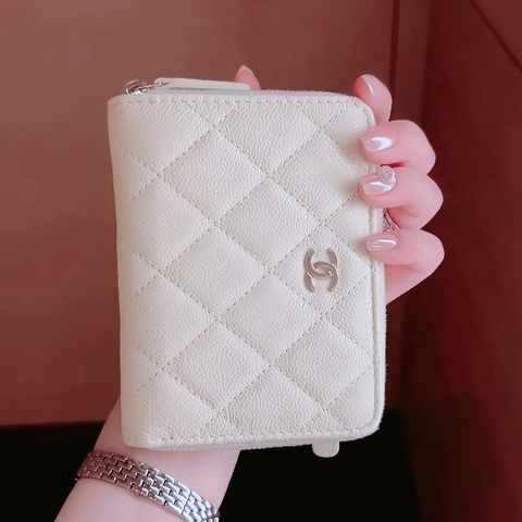 CHANEL香奈兒荔枝皮薄短夾 奶白香檳金扣 Chanel對開拉鍊短夾 薄款 chanel皮夾 短夾 香奈兒小皮件 小香錢包