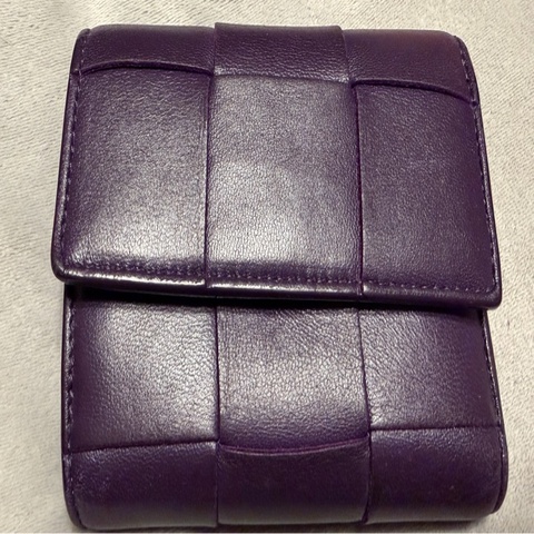 二手 Bottega Venetia 寶緹嘉 大編織 羊皮紫色三折短夾 💜