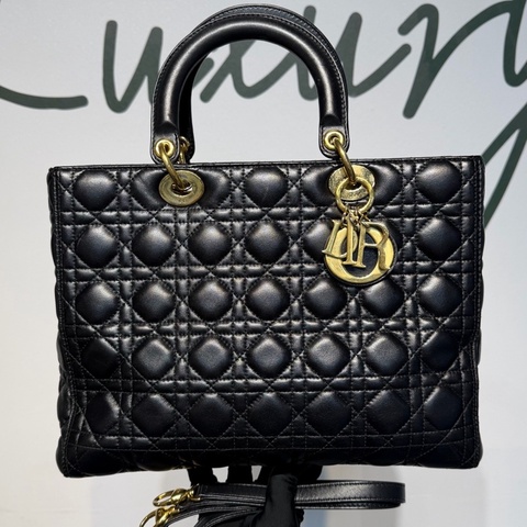 Dior 迪奧 Lady 七格戴妃 有長肩帶 黑金羊皮