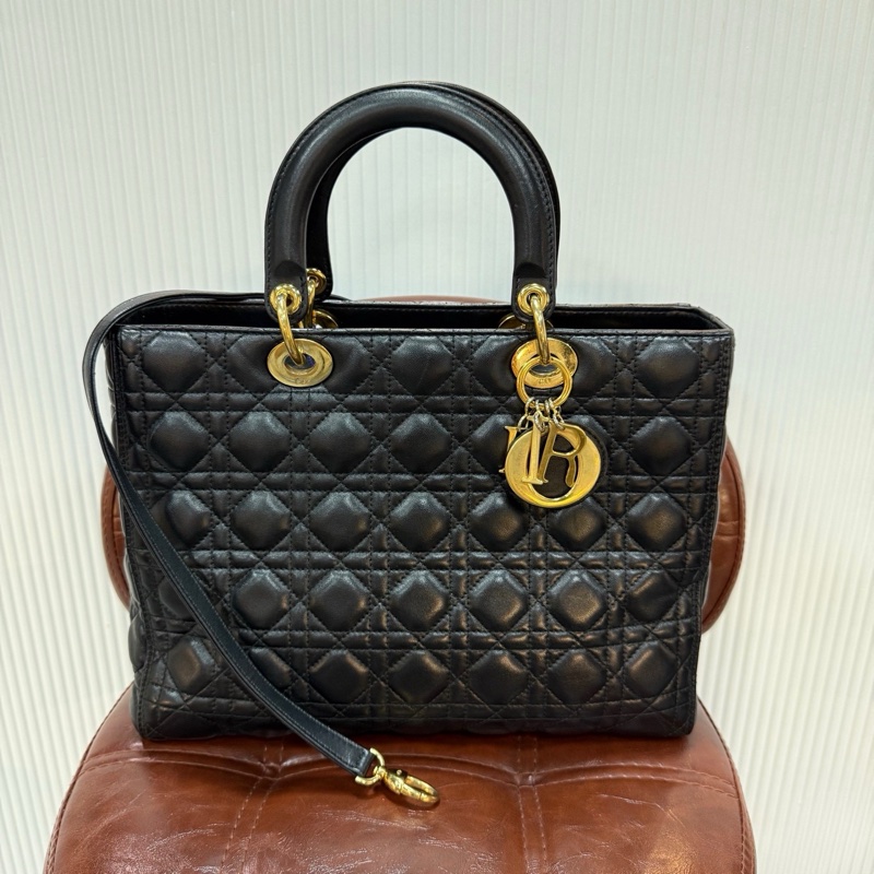 Dior 迪奧 Lady 七格戴妃 有長肩帶 黑金羊皮-1